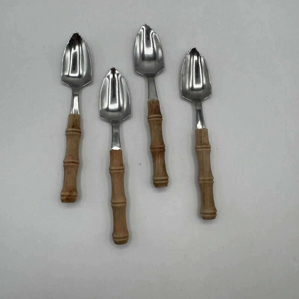 Japan Bamboo Handle Serrated Edge Stainless Steel Grapefruit Spoon Set of 4